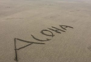 The word aloha written in sand